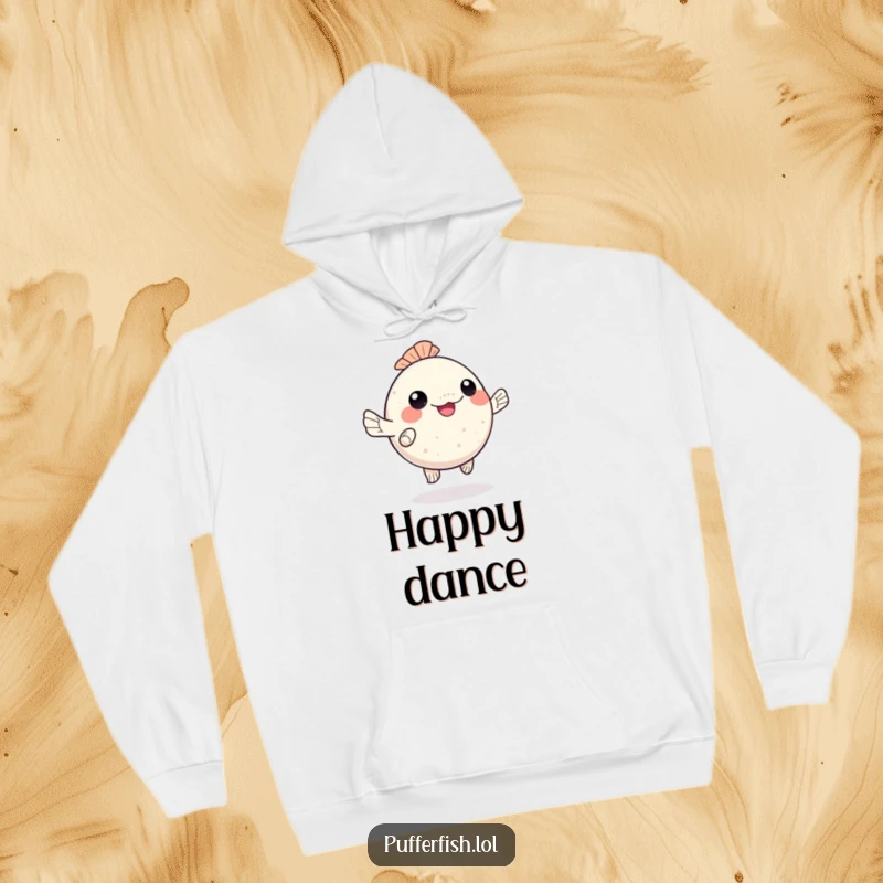 Funny kawaii pufferfish hoodie, happily dancing with wiggling fins, bringing cozy ocean vibes, a perfect funny gift.