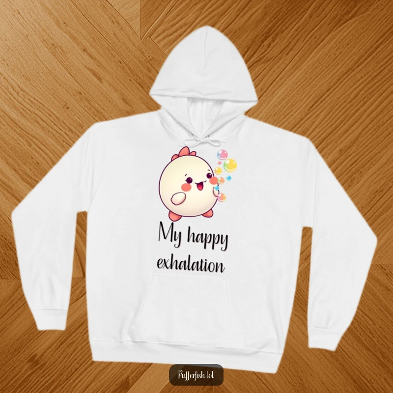 Funny Kawaii pufferfish blowing colorful, happy bubbles, featured on a comfortable and cozy hoodie.
