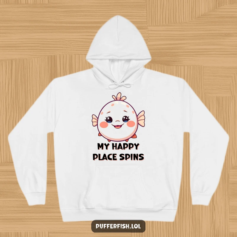 Funny Dizzy Pufferfish Hoodie: A warm hoodie featuring a silly, slightly dizzy pufferfish character with a big, exaggerated, playful smile.