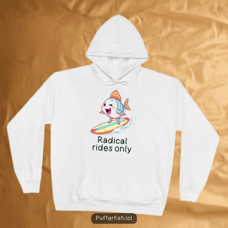 Funny Surfing Fish Hoodie: A warm hoodie featuring an excited fish character attempting to surf on a tiny, colorful surfboard.