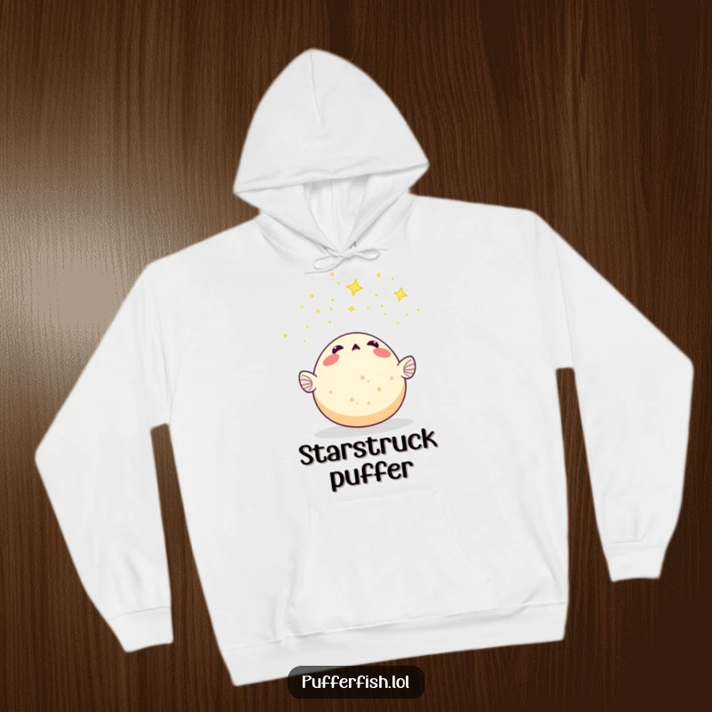 Funny Pufferfish Hoodie: A wide-eyed pufferfish looks up in amazement at a shower of tiny stars falling from the night sky.