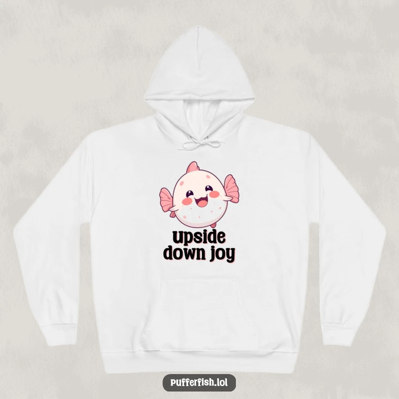 Funny kawaii pufferfish gleefully doing a wobbly swim on its back, a cozy and humorous hoodie perfect for gifting.