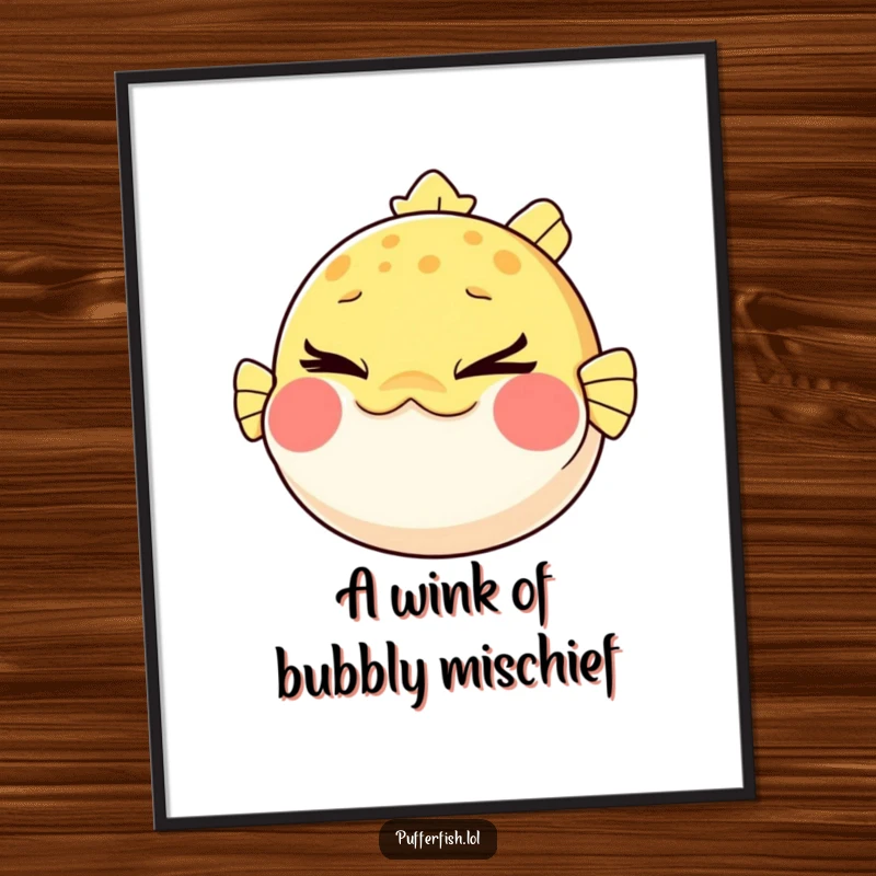 Funny Free Printable wall art of a pufferfish with cheeks puffed out, giving a sly, mischievous wink.