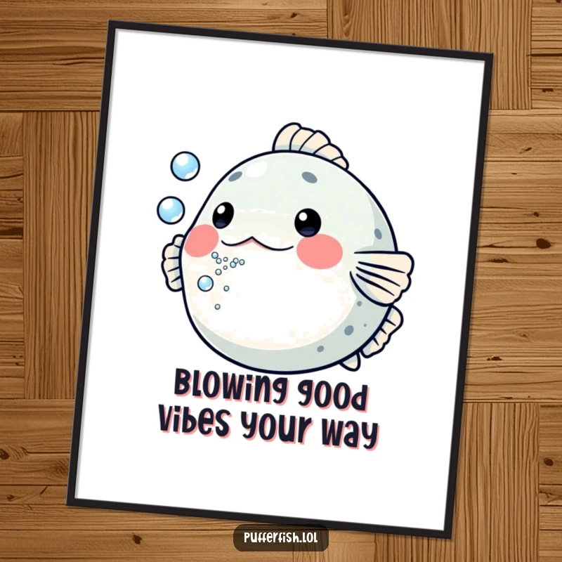 Funny Free Printable wall art depicting a pufferfish playfully blowing a stream of tiny bubbles directly at the viewer.