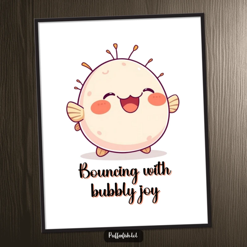 Funny Free Printable Wall Art showcasing a chubby pufferfish bobbing happily with a thoroughly delighted expression.