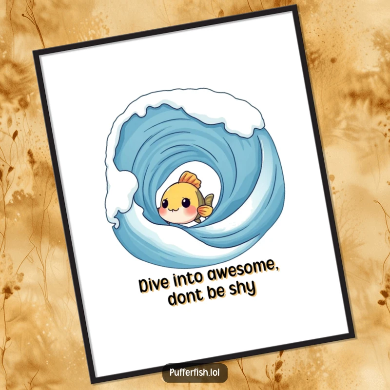 Funny Free Printable Wall Art: A shy fish with curious eyes peeks from behind a giant, dynamic, bubbling wave.