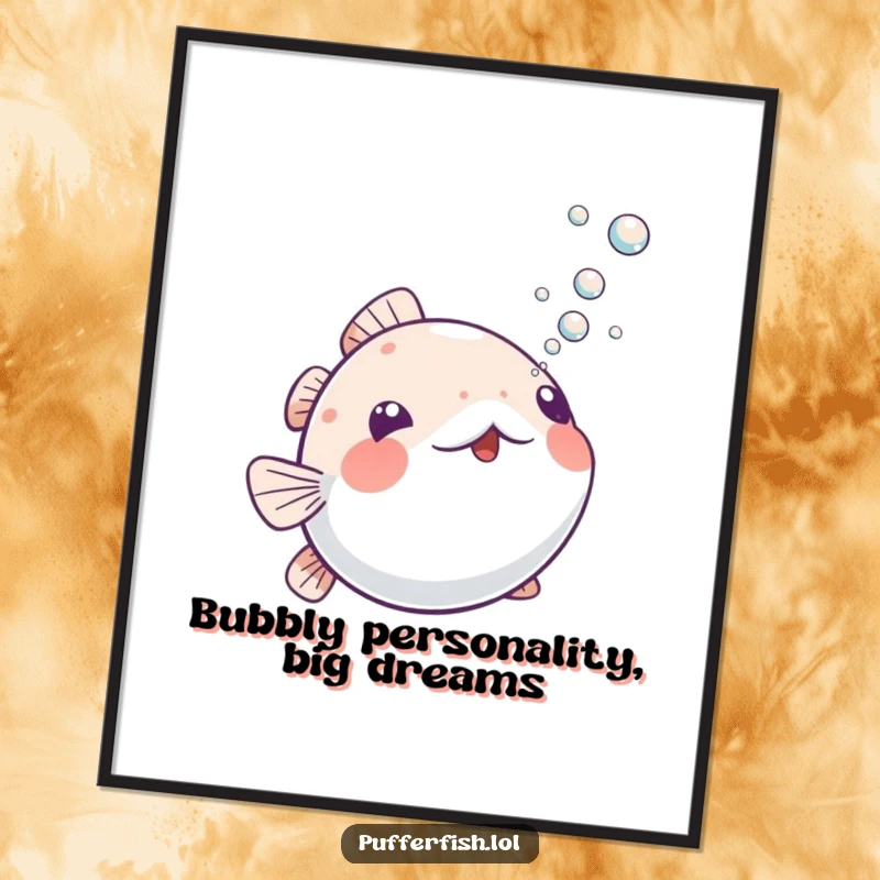 Funny Free Printable Wall Art: A playful pufferfish actively blowing a stream of tiny bubbles upwards, creating a whimsical underwater scene.