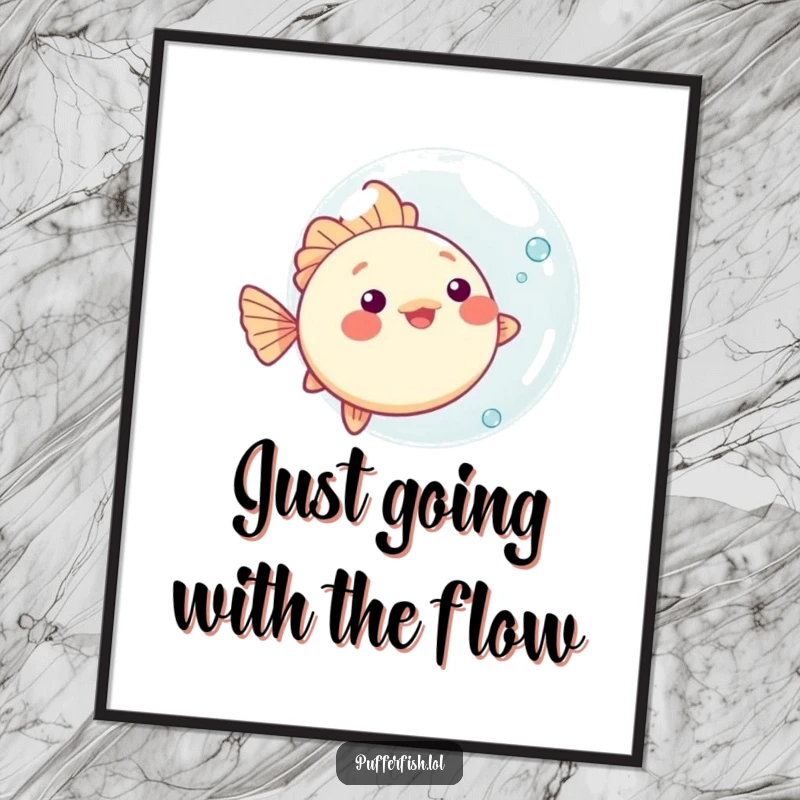 Funny Free Printable Kawaii Pufferfish Wall Art, happily bouncing a huge bubble.