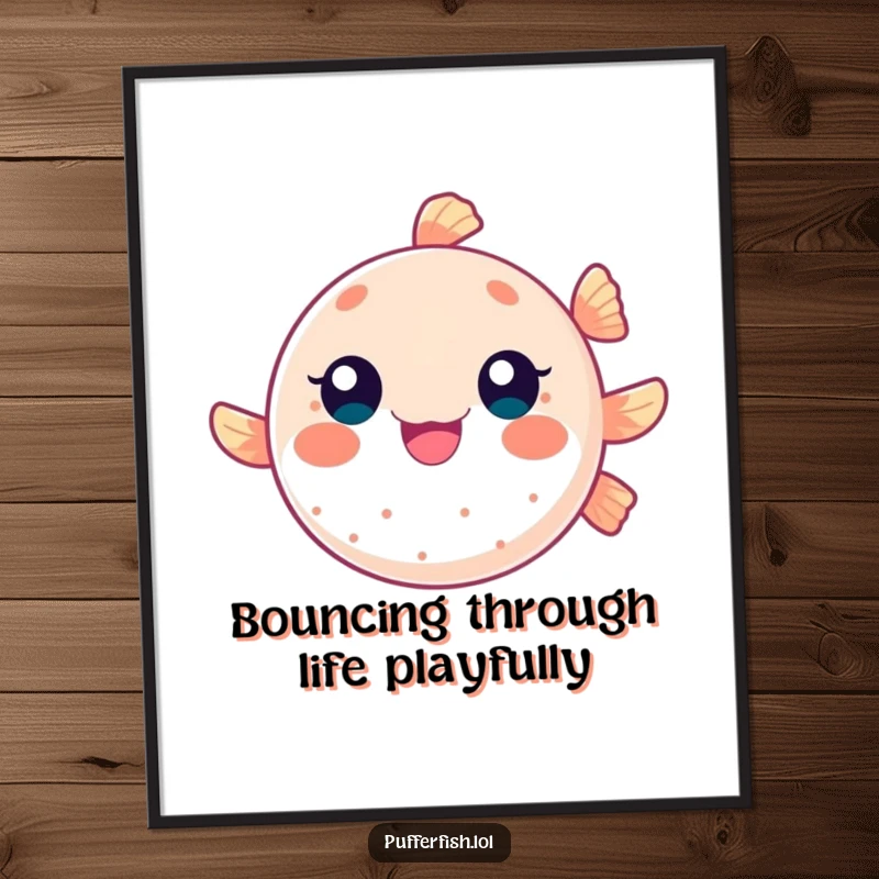 Funny Free Printable Wall Art: A round, cute pufferfish character energetically bounces like a ball, creating playful and humorous underwater decor.