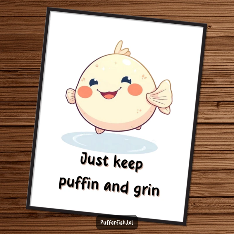Funny Free Printable Wall Art: A Jolly Pufferfish Grinning Widely, Bobbing Playfully in Shimmering Blue Water.