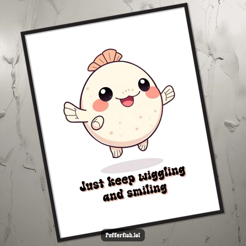 Funny Free Printable Wall Art: Kawaii pufferfish doing a happy little dance, full of bubbly charm.