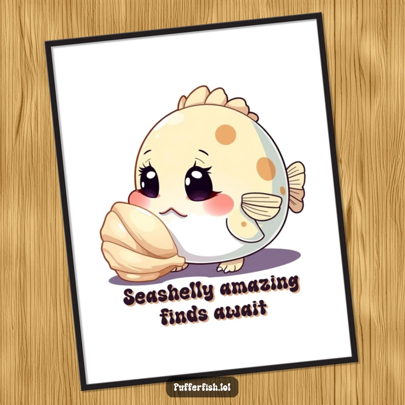 Funny Free Printable Wall Art: A curious pufferfish character inspecting a shiny seashell with wide, fascinated eyes.