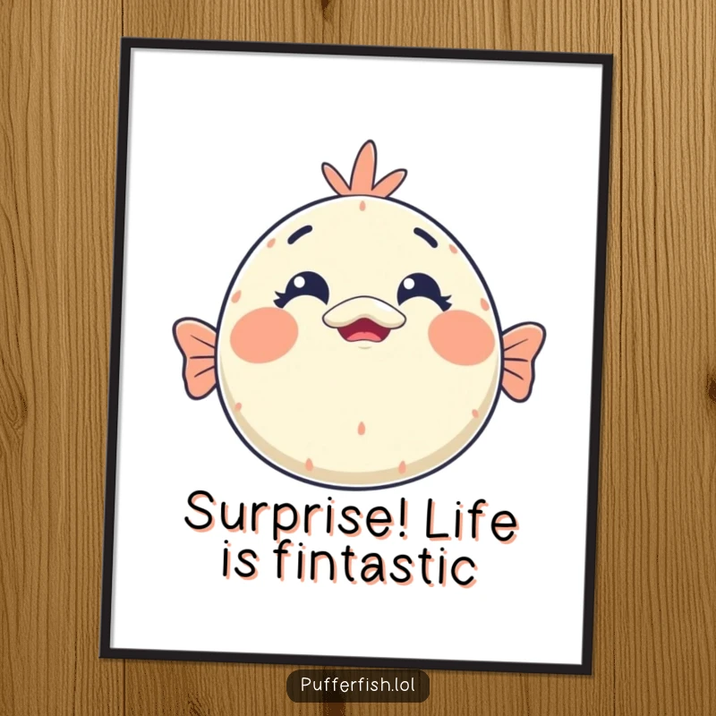 Funny Free Printable Wall Art: A kawaii pufferfish face makes a dramatic, humorous, and surprised expression.