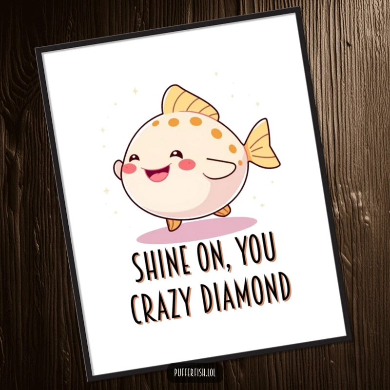 Funny Free Printable Wall Art featuring a happy pufferfish joyfully dancing, enveloped in a cascade of sparkling glitter.