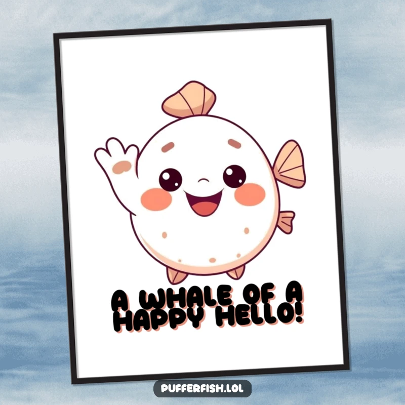 Funny Free Printable Wall Art: Kawaii pufferfish with a big, happy smile, giving a cheerful wave to welcome and delight.