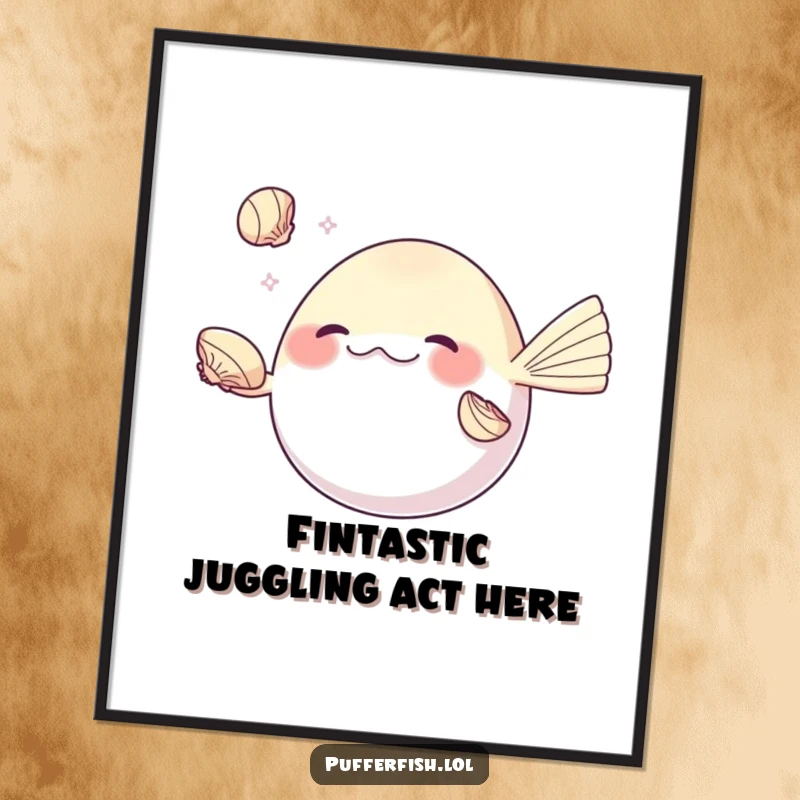 Funny Free Printable Wall Art of a pufferfish skillfully juggling shiny seashells with its fins, a whimsical piece of downloadable art.