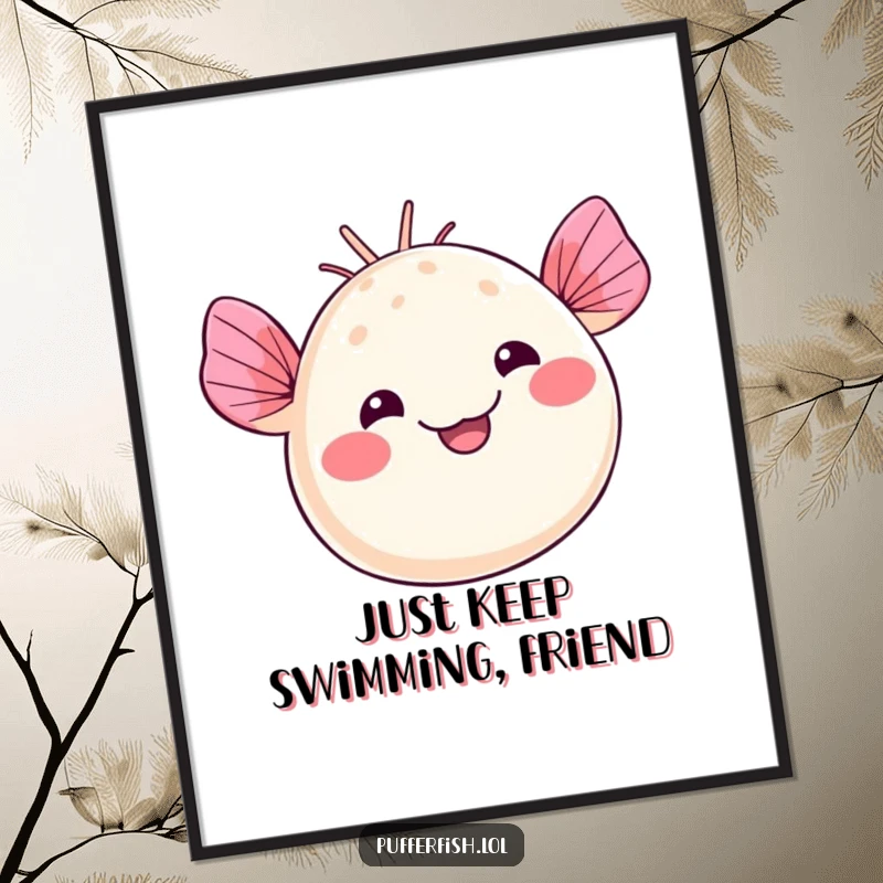 Funny Free Printable Wall Art: Kawaii pufferfish waving its fins with a silly, wide smile, bringing whimsical joy.