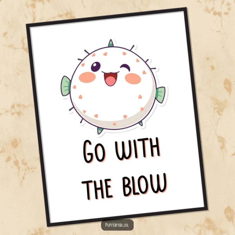 Funny Free Printable Wall Art: Round pufferfish character bursting with cheerful, bubbly energy, a vibrant splash of fun.