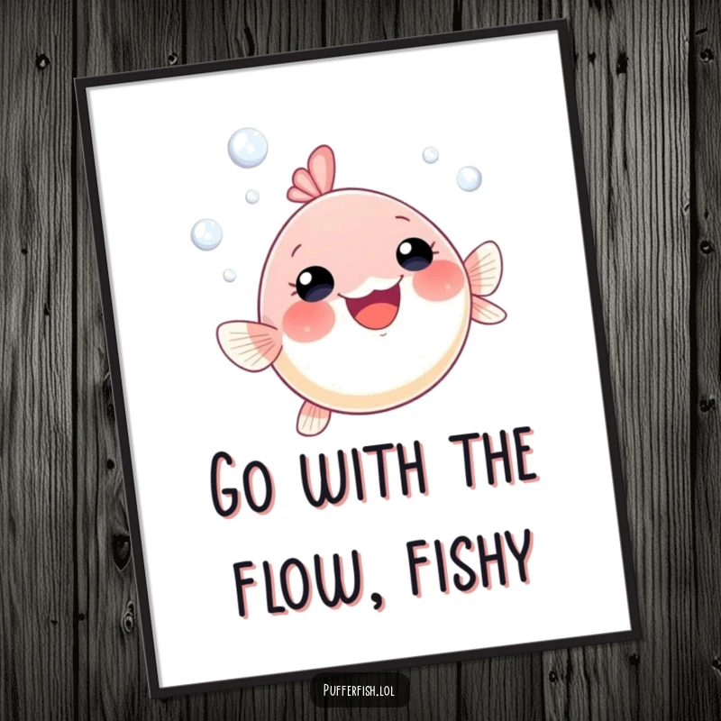 Funny Free Printable Wall Art: A small pufferfish gleefully swims upwards, surrounded by playful bubbles, adding humor.