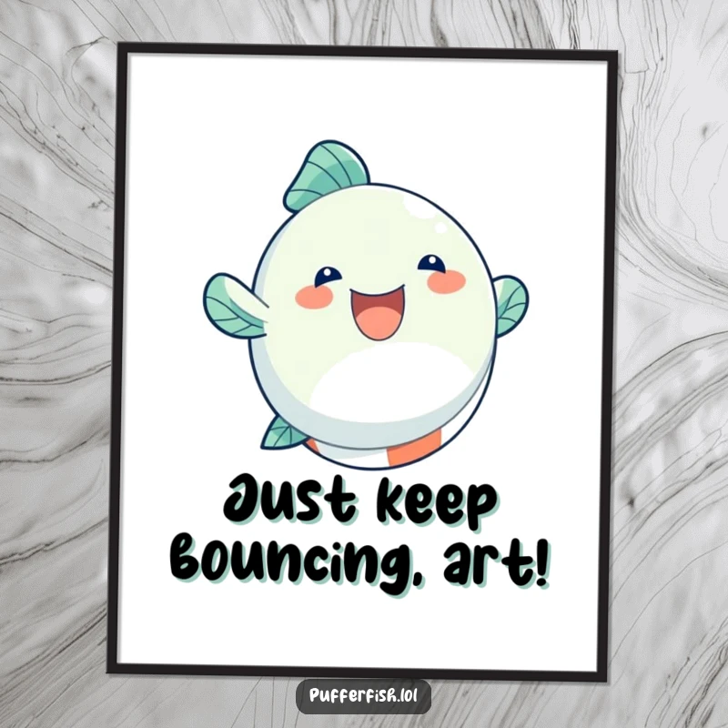 Funny Free Printable Wall Art: A round, inflated fish character joyfully bouncing high on a beach ball, radiating pure fun and energy.