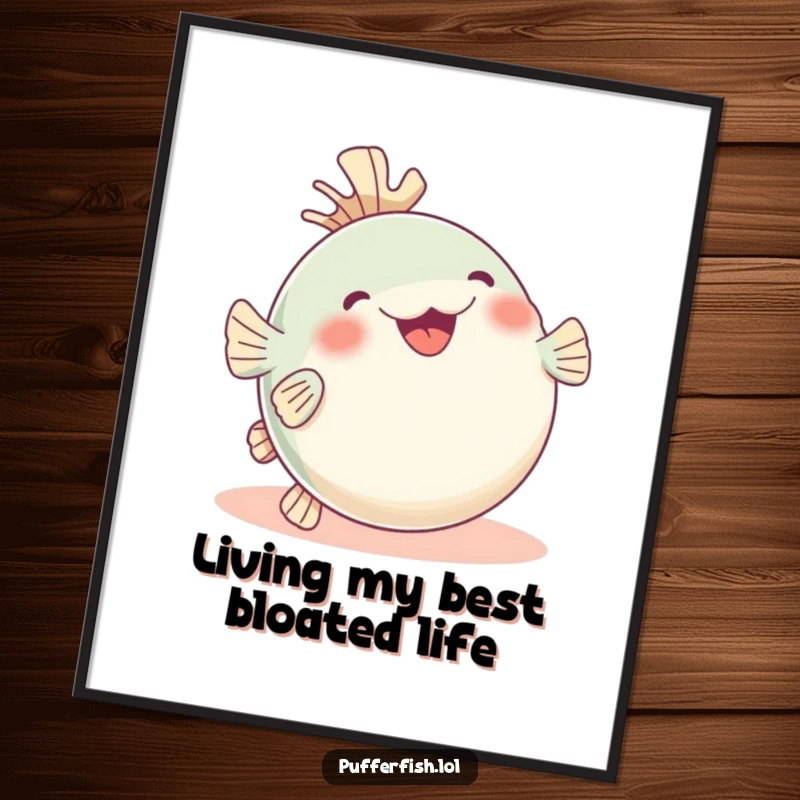 Funny Free Printable Wall Art of a pufferfish rolling on its back with fins in the air, radiating pure glee, a downloadable art piece.