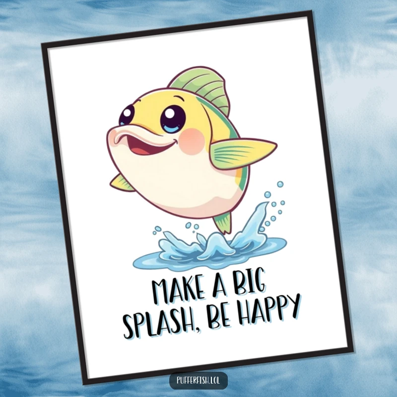 Funny Free Printable Wall Art: A cheerful fish with enormous, happy eyes is depicted leaping exuberantly out of the water.
