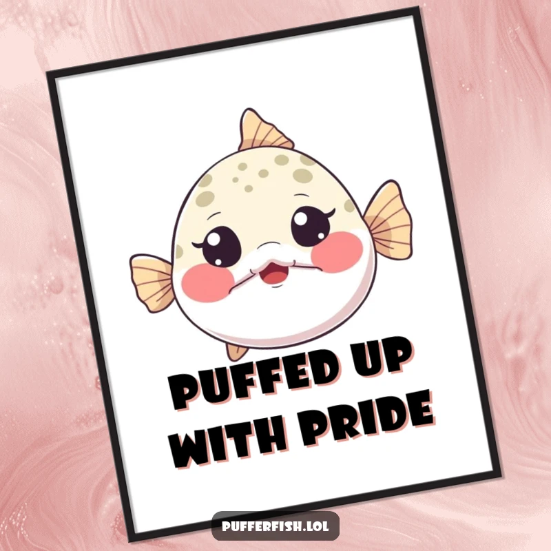 Funny free printable wall art of a tiny pufferfish dramatically inflating with puffed cheeks and wide, surprised eyes.