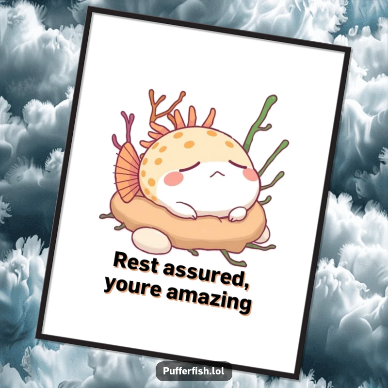 Funny Free Printable Wall Art: Content pufferfish peacefully napping on a soft bed of seaweed, tranquil decor.