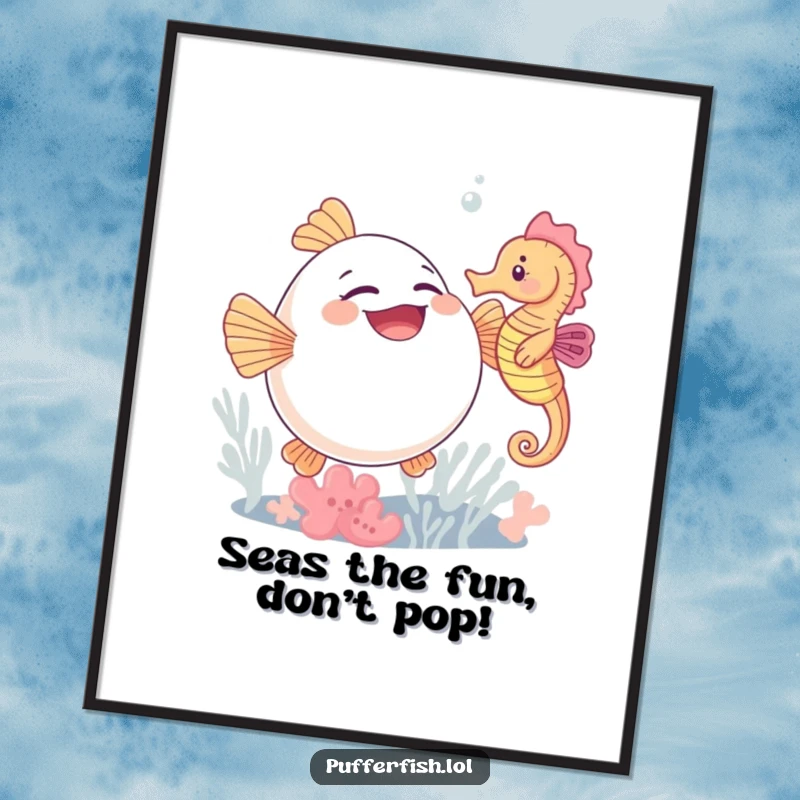 Funny Free Printable Wall Art: A cute pufferfish giggling hysterically while a seahorse tickles it, creating a scene of pure joy.
