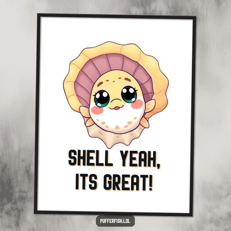 Funny free printable wall art: A curious pufferfish with big, wondering eyes peeks out from behind a large, colorful seashell. Quirky.