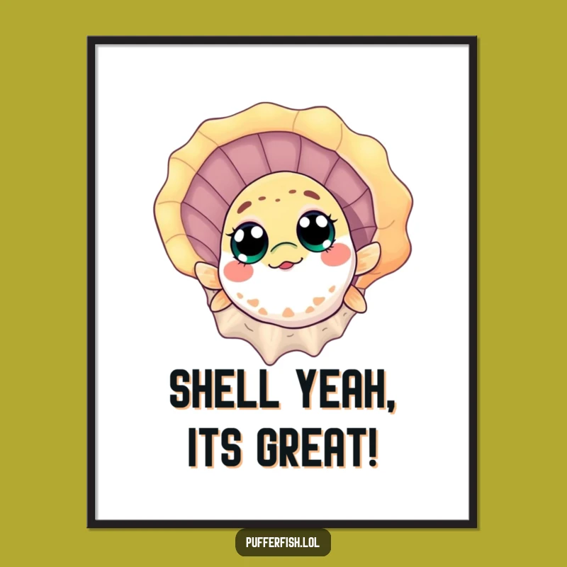 Free Printable Wall Art: Pufferfish Seashell Peek - Humorous Downloadable Decor