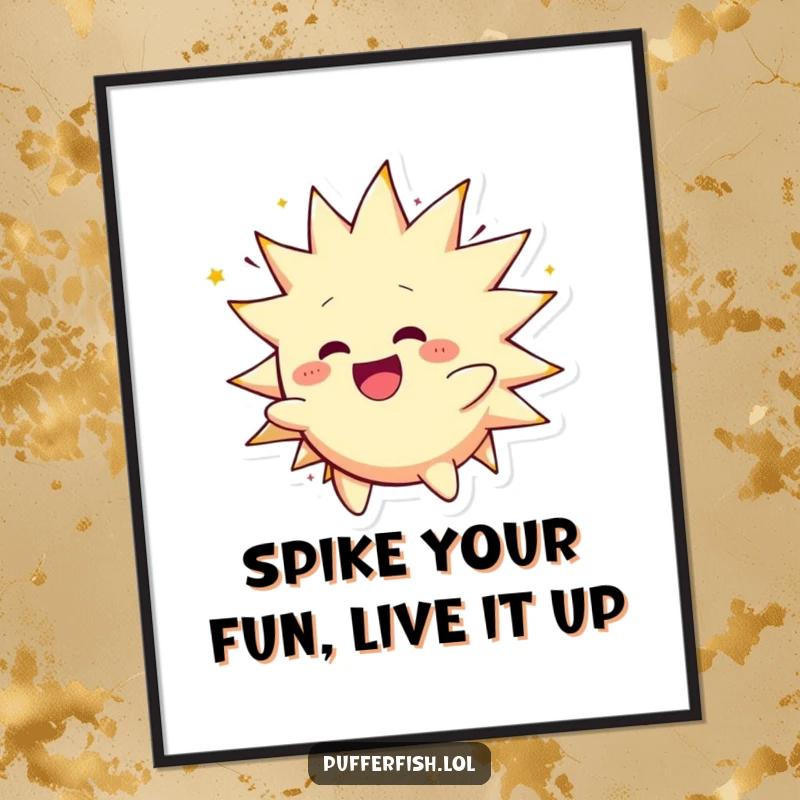 Funny Free Printable Wall Art: A spiky character is shown inflating with sheer happiness and spinning energetically in a dynamic pose.