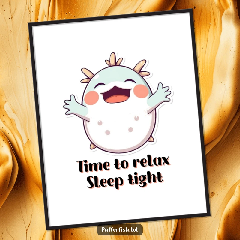 Funny Free Printable Wall Art of a pufferfish stretching its arms wide in a massive, sleepy yawn.