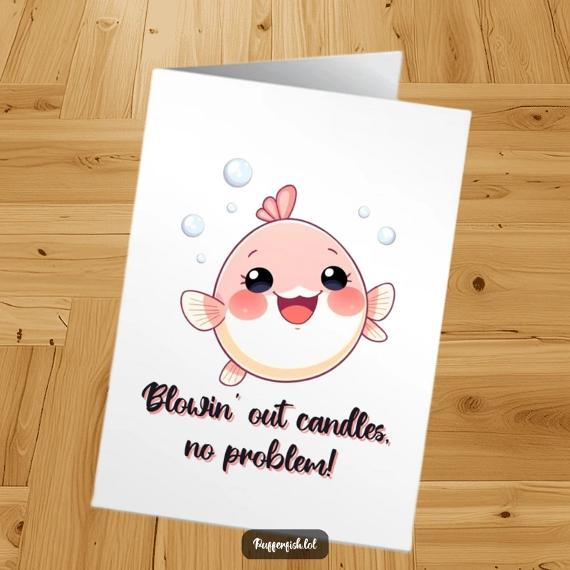 Funny Free Printable Birthday Card: A small pufferfish joyfully swims upwards surrounded by celebratory bubbles.