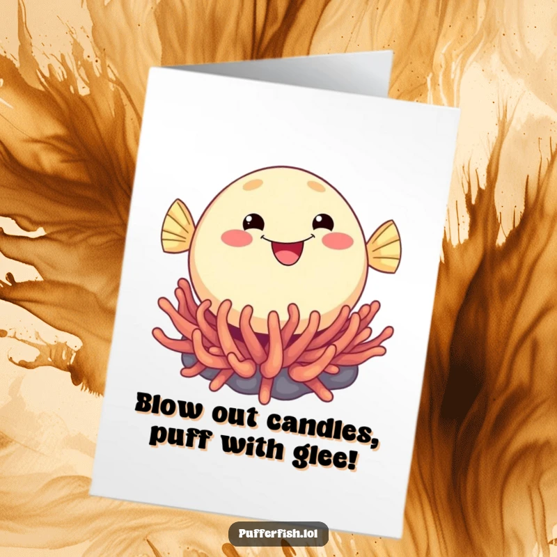 Funny Free Printable Birthday Card featuring a round, smiling pufferfish joyfully bouncing on a vibrant sea anemone.
