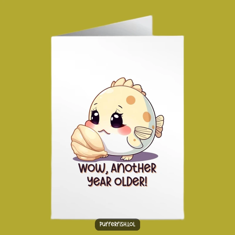 Free Printable Birthday Card: Curious Pufferfish Finds Seashell - Funny Downloadable Discovery Gift