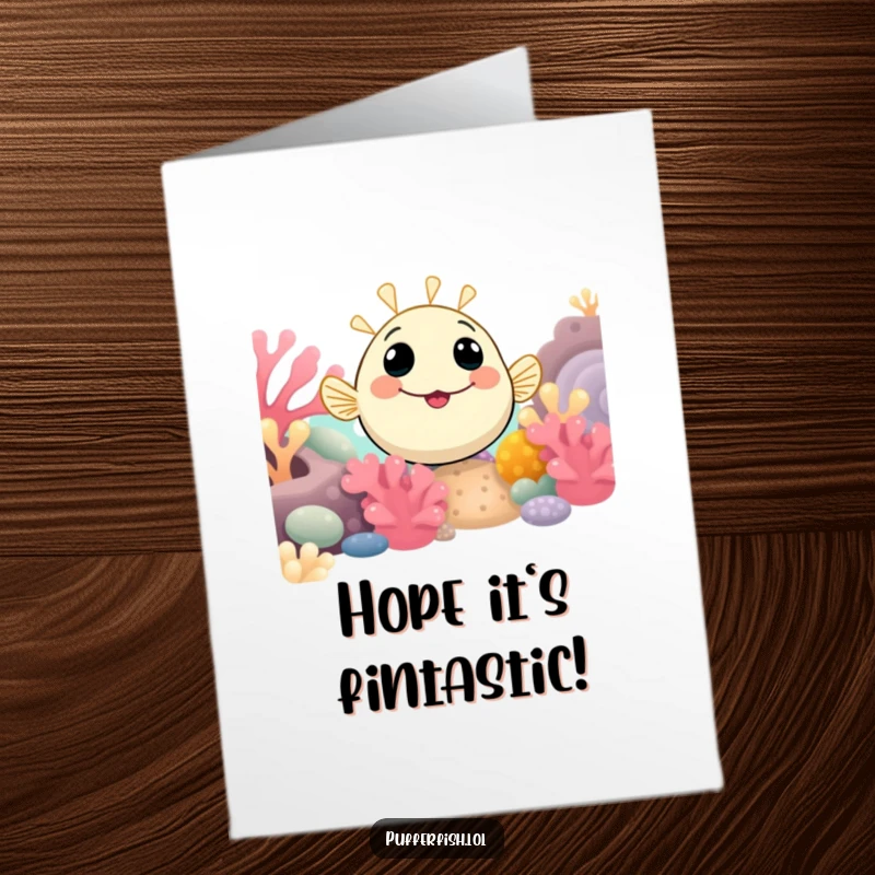Funny Free Printable Birthday Card: A curious pufferfish with a big smile peeking out from a colorful coral reef.