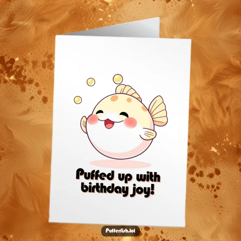 Funny Free Printable Birthday Card featuring a cheerful pufferfish enthusiastically juggling three shimmering pearls, ready for digital download.
