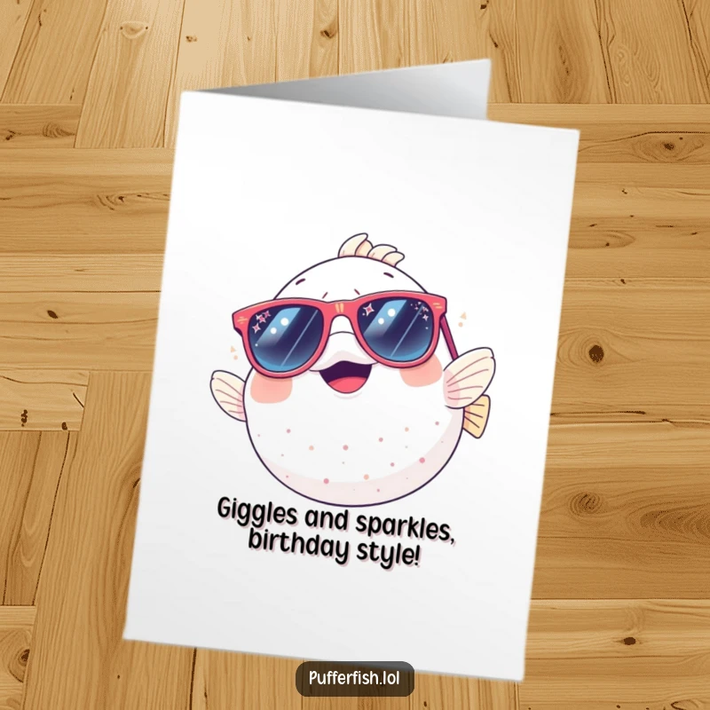 Funny Free Printable Birthday Card: Giggling pufferfish with oversized sparkly sunglasses, radiating pure birthday joy and humor.
