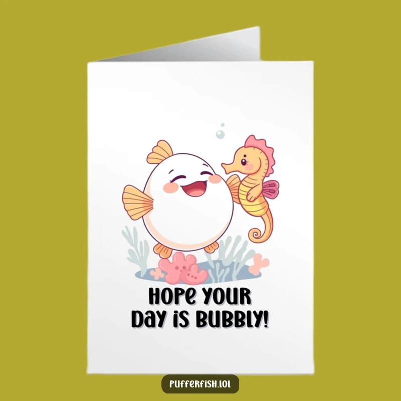 Free Printable Birthday Card: Giggling Pufferfish Tickled by Seahorse, Fun Downloadable Gift