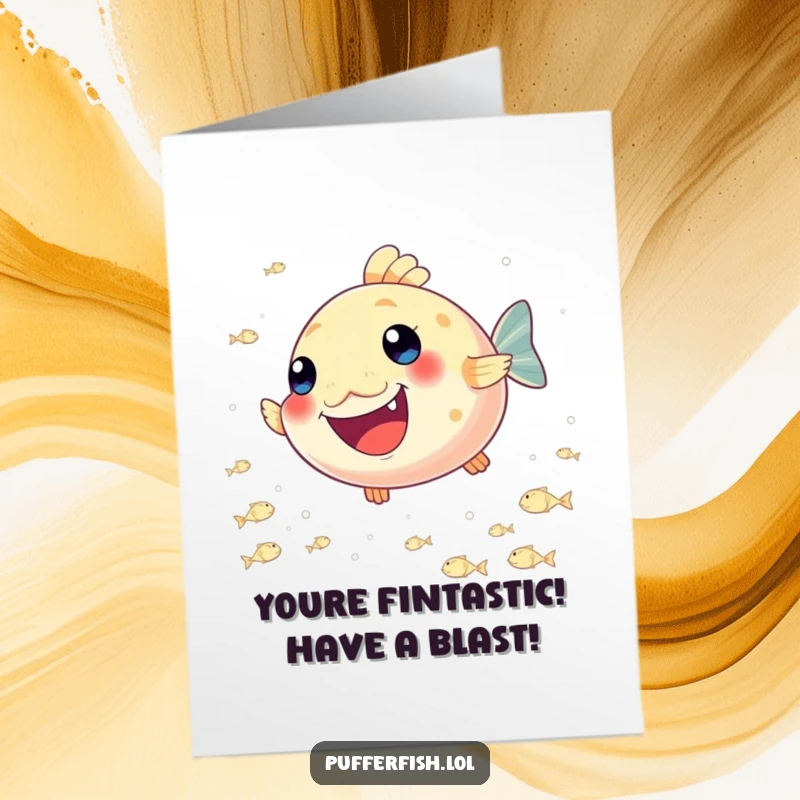 Funny Free Printable Birthday Card: Playful pufferfish joyfully chases a school of tiny shimmering fish, ready for a birthday celebration.