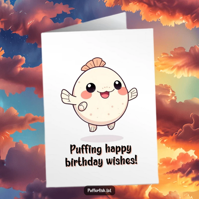 Funny Free Printable Birthday Card: Kawaii pufferfish doing a happy little dance with wiggling fins.