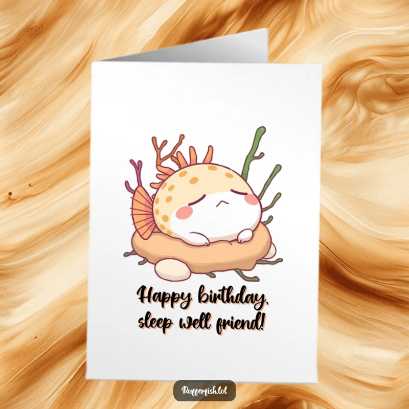 Funny Free Printable Birthday Card: Content pufferfish napping on seaweed, sending peaceful birthday wishes.