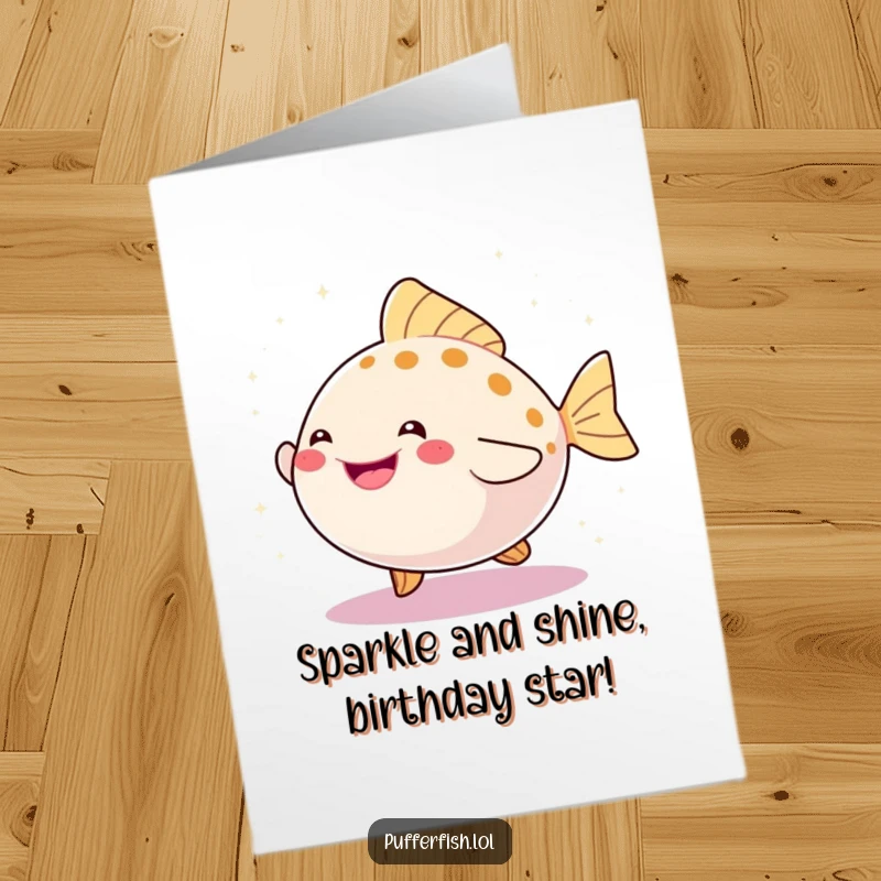 Funny Free Printable Birthday Card: A happy pufferfish dances energetically, surrounded by shimmering sparkles.