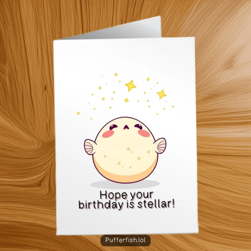 Funny Free Printable Birthday Card: Surprised pufferfish gazing at starry meteor shower, wishing a stellar birthday.
