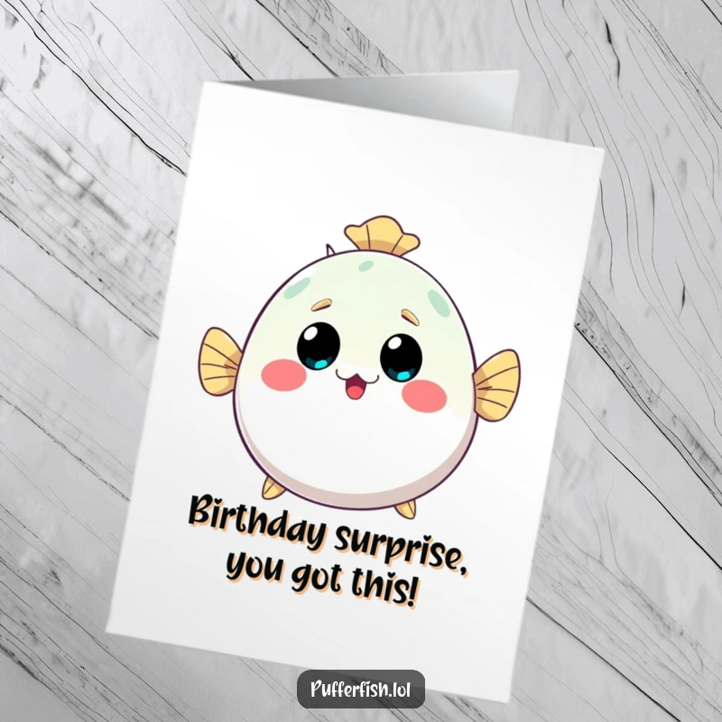 Funny Free Printable Kawaii Pufferfish Birthday Card, surprised and happy, inflating with excitement.