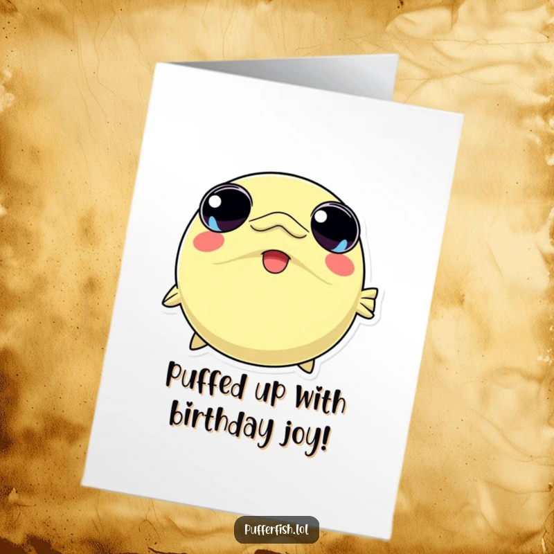 Funny Free Printable Birthday Card: A kawaii pufferfish rapidly inflating with sheer joy, eyes wide and round with excitement.