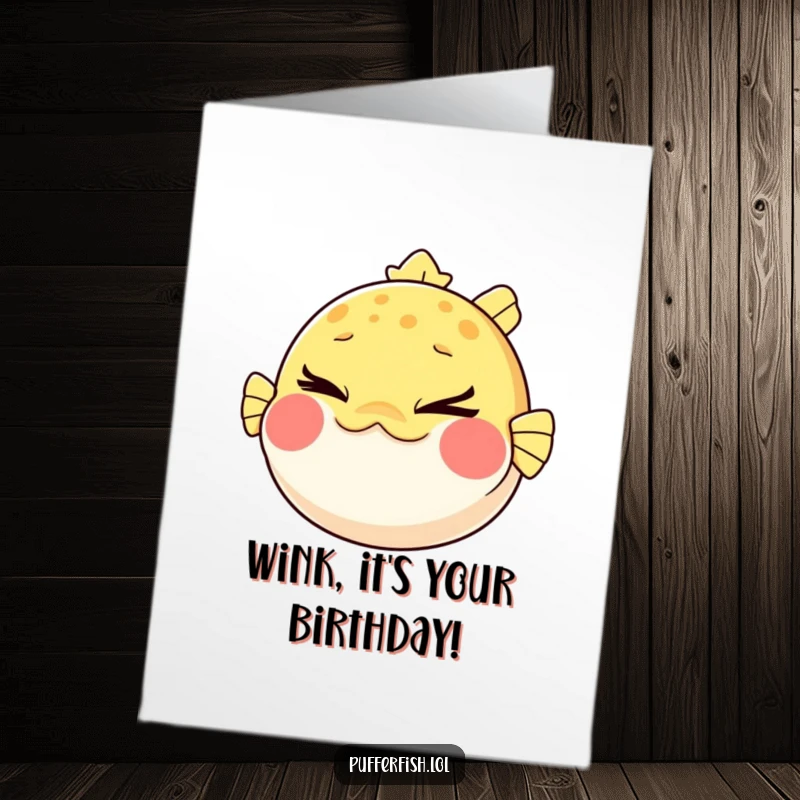 Funny Free Printable birthday card featuring a pufferfish with cheeks puffed out, giving a mischievous, playful wink.