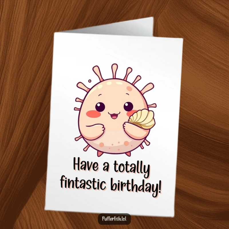 Funny Free Printable Birthday Card: A cute pufferfish waves hello while offering a delicate seashell.