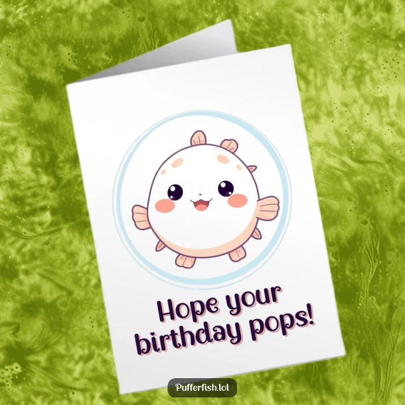 Funny Free Printable Birthday Card featuring a cute pufferfish shyly peeking from behind a large, shimmering bubble.